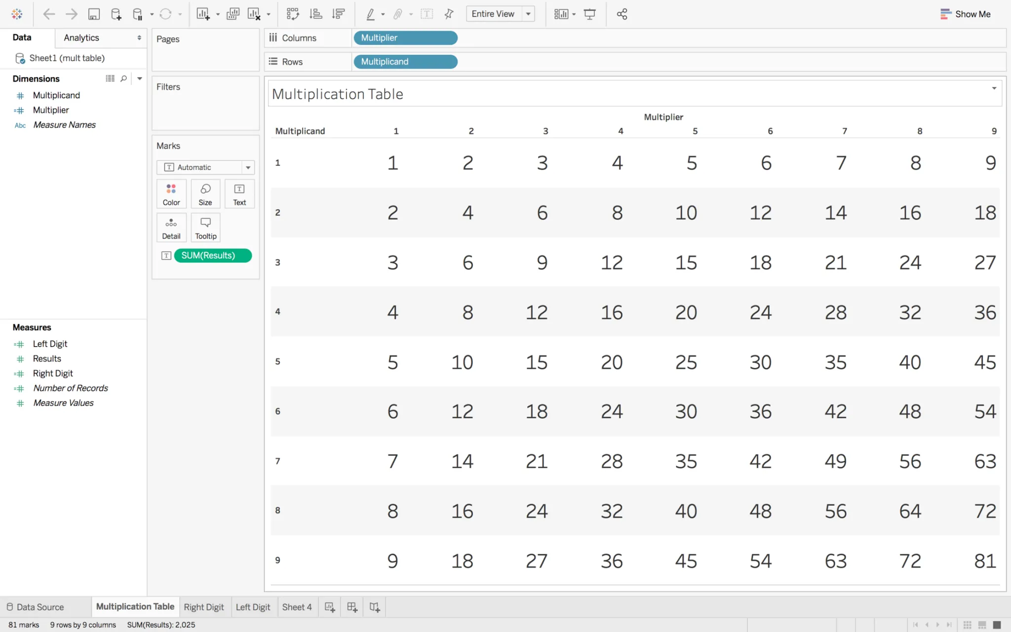 Multiplication Table in Tableau