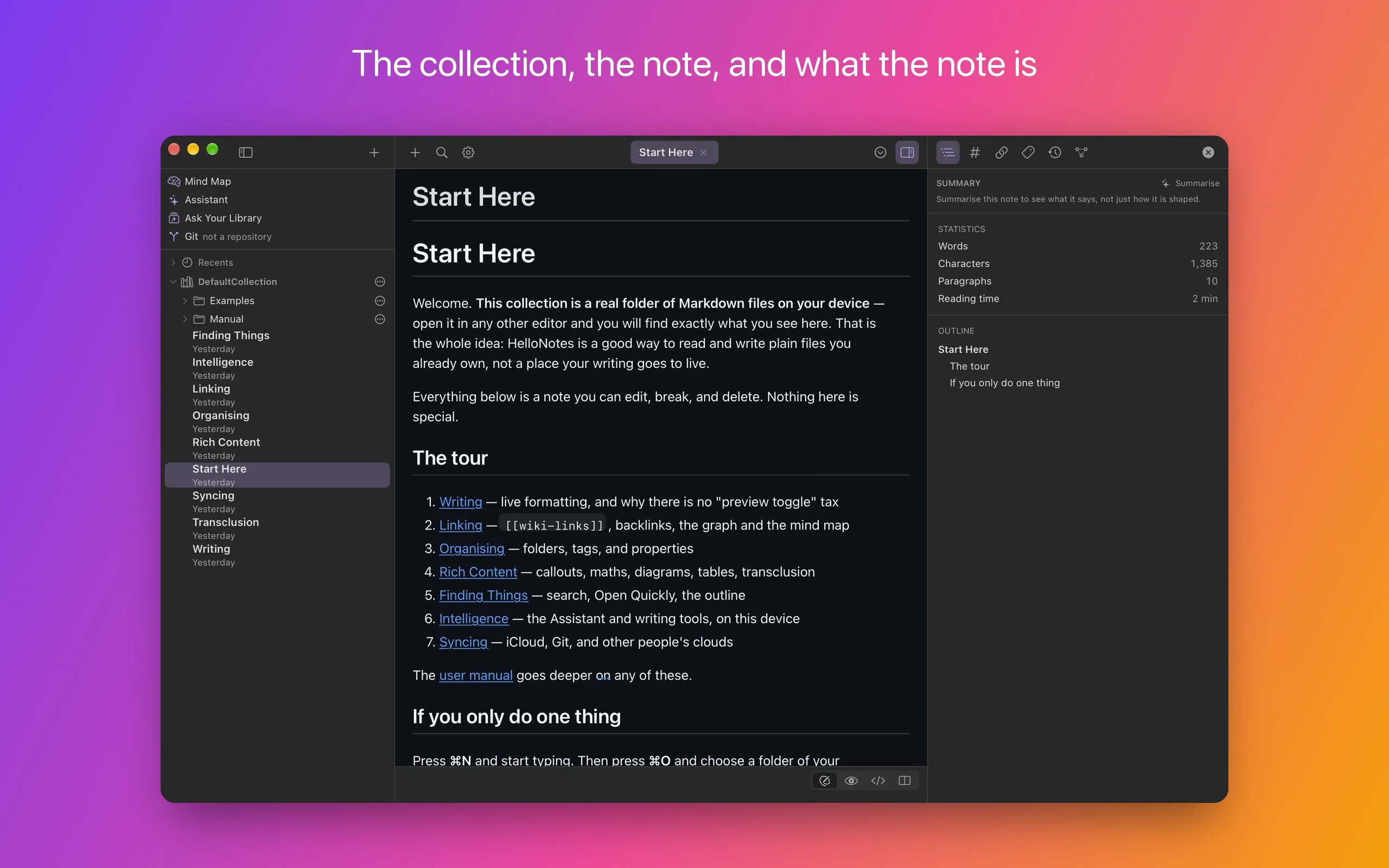 The HelloNotes window in three parts: a sidebar with Mind Map, Assistant, Ask Your Library and Git above the tree of the collection’s folders and notes; the note “Start Here” open in the editor; and a right panel showing Summary & Outline — the note’s word count and its headings