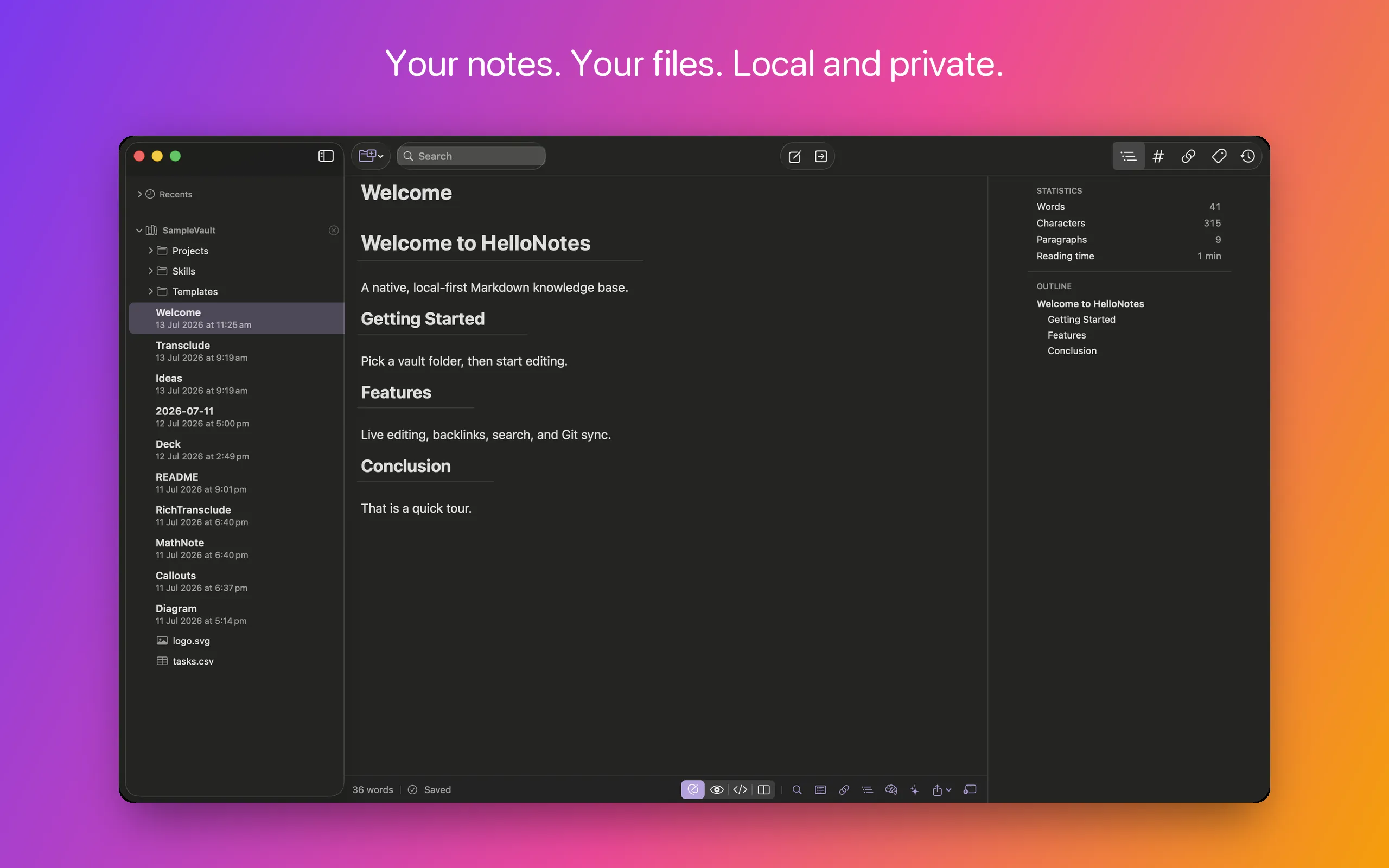 The HelloNotes window showing the sidebar of collections and folders, and a note open in the editor
