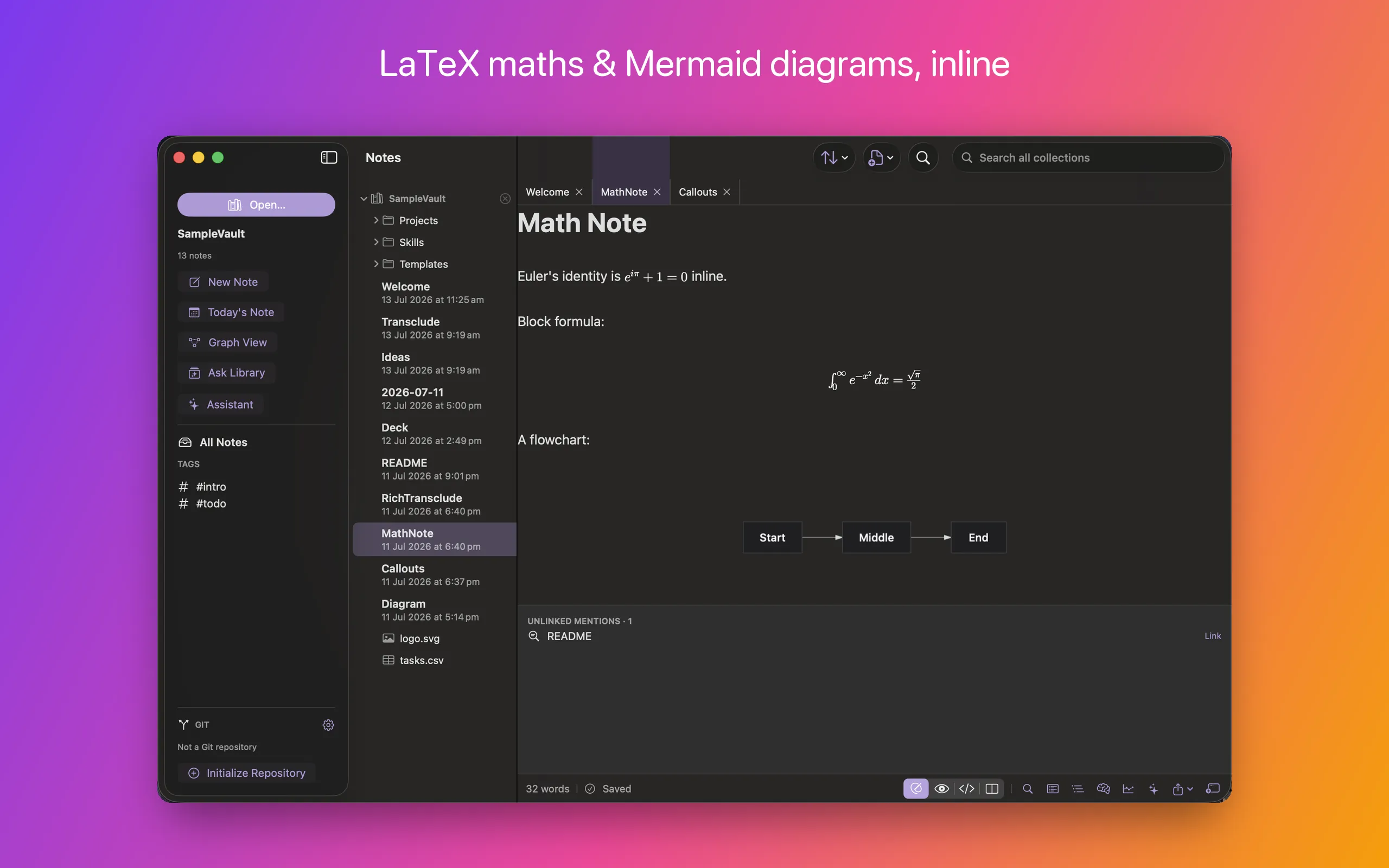 A note with LaTeX maths and a Mermaid flowchart rendered inline in the editor