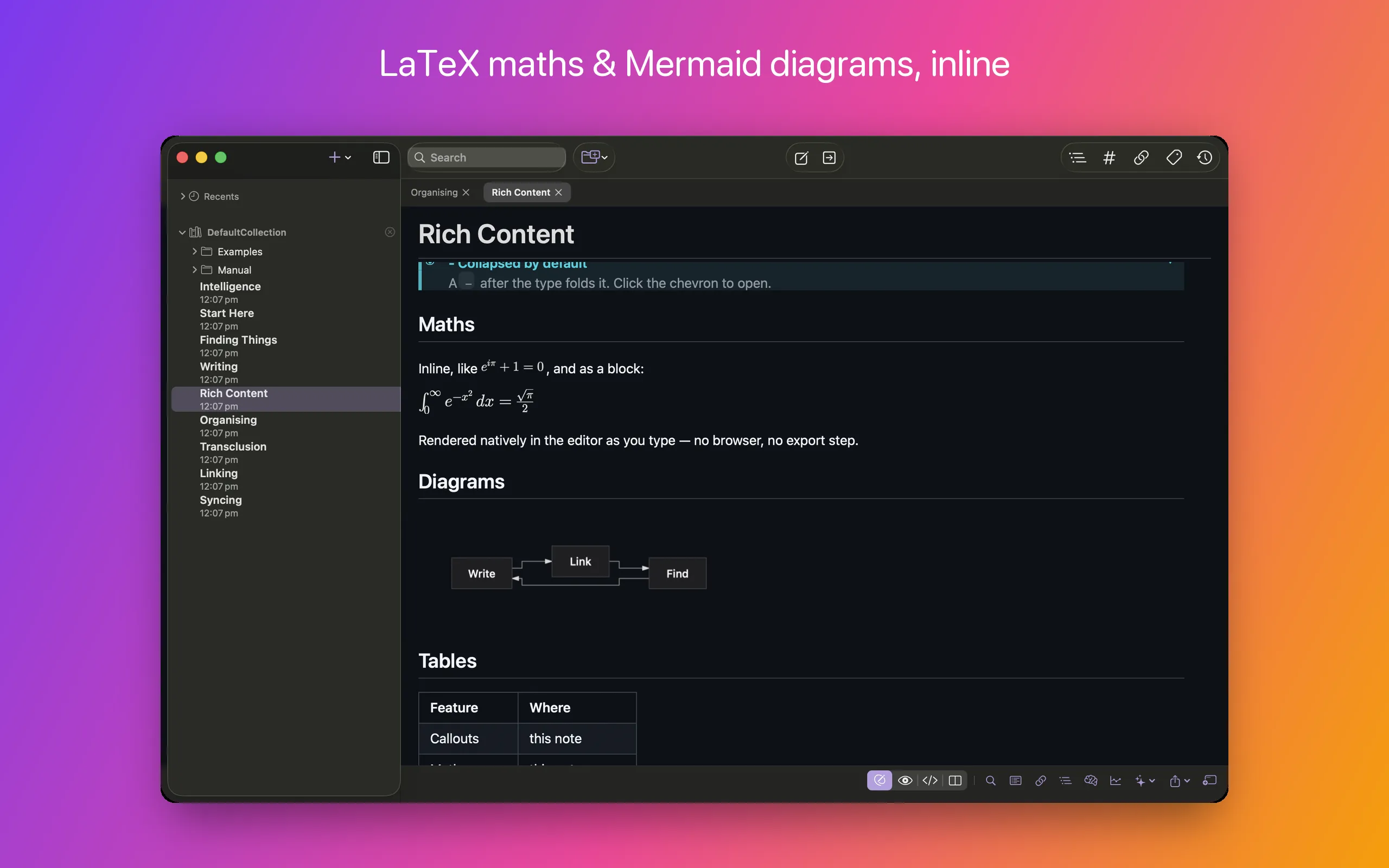 A note with LaTeX maths and a Mermaid flowchart rendered inline in the editor