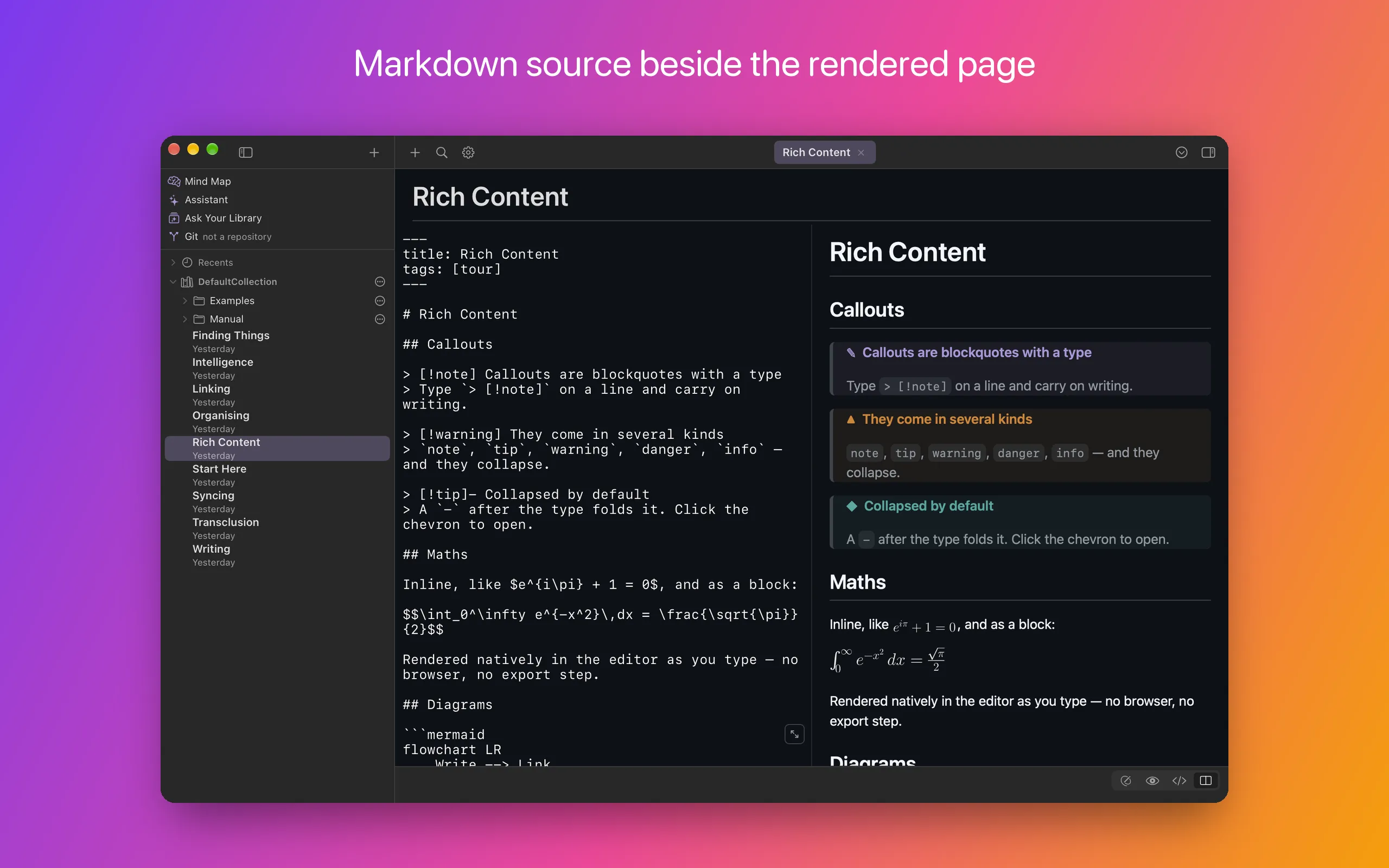 The note “Rich Content” in Split view: its Markdown source on the left, and on the right the same note rendered, with three coloured callouts and inline and block LaTeX maths