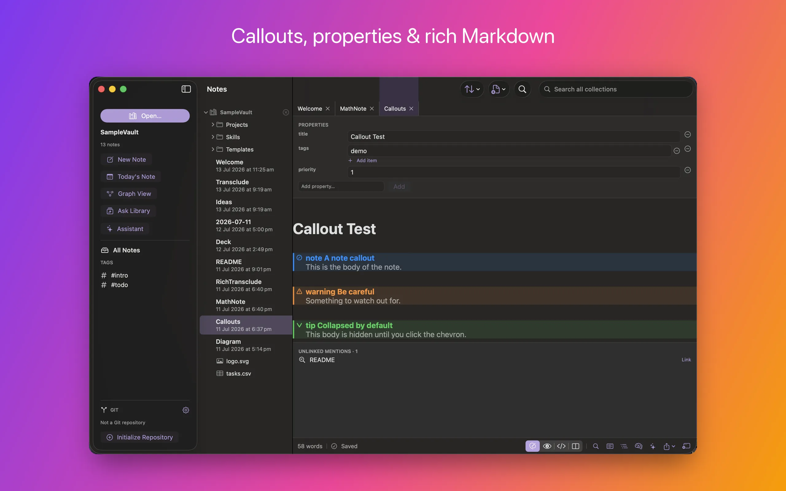 A note showing coloured callouts and a typed Properties panel above the text