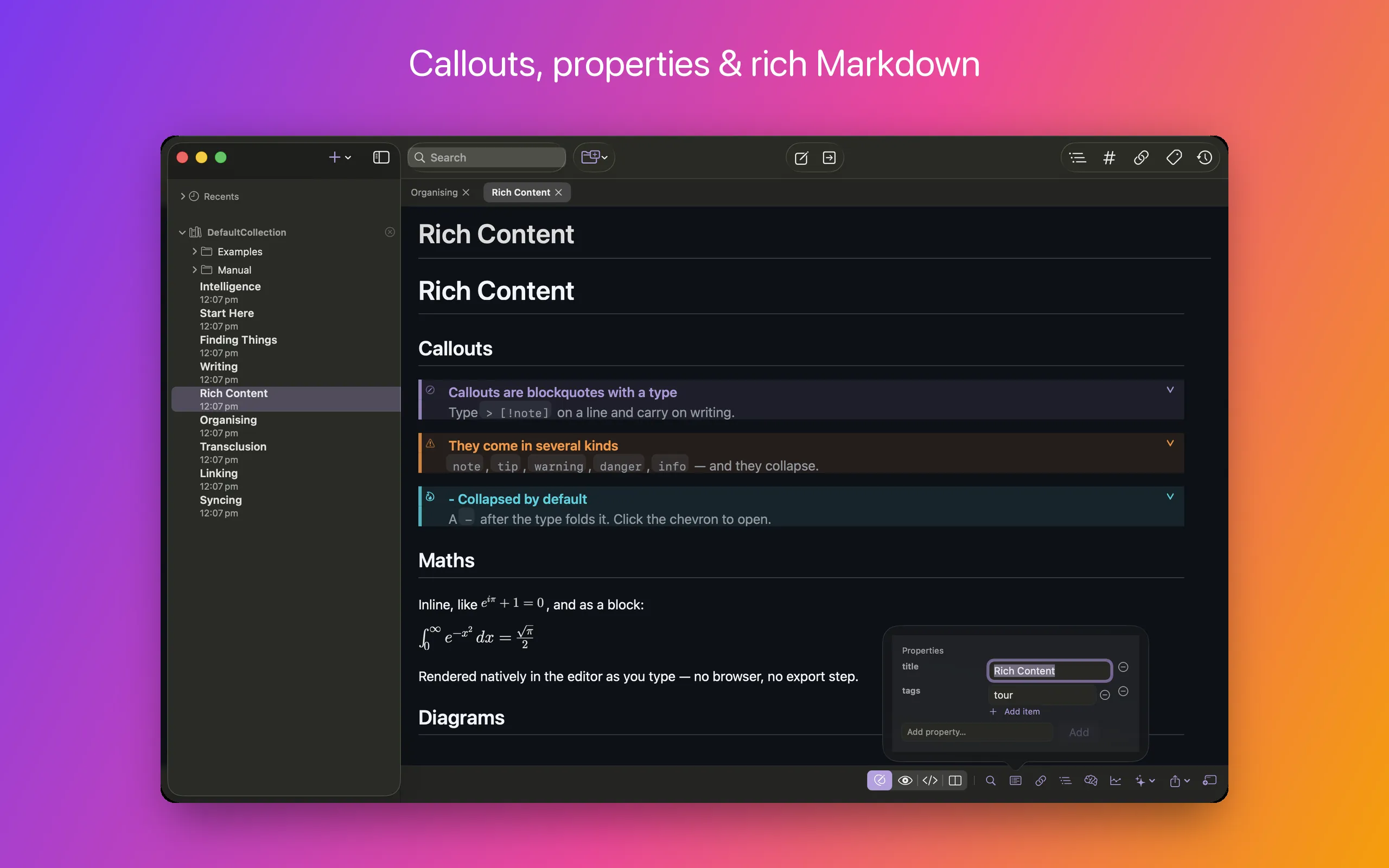A note showing coloured callouts and a typed Properties panel above the text