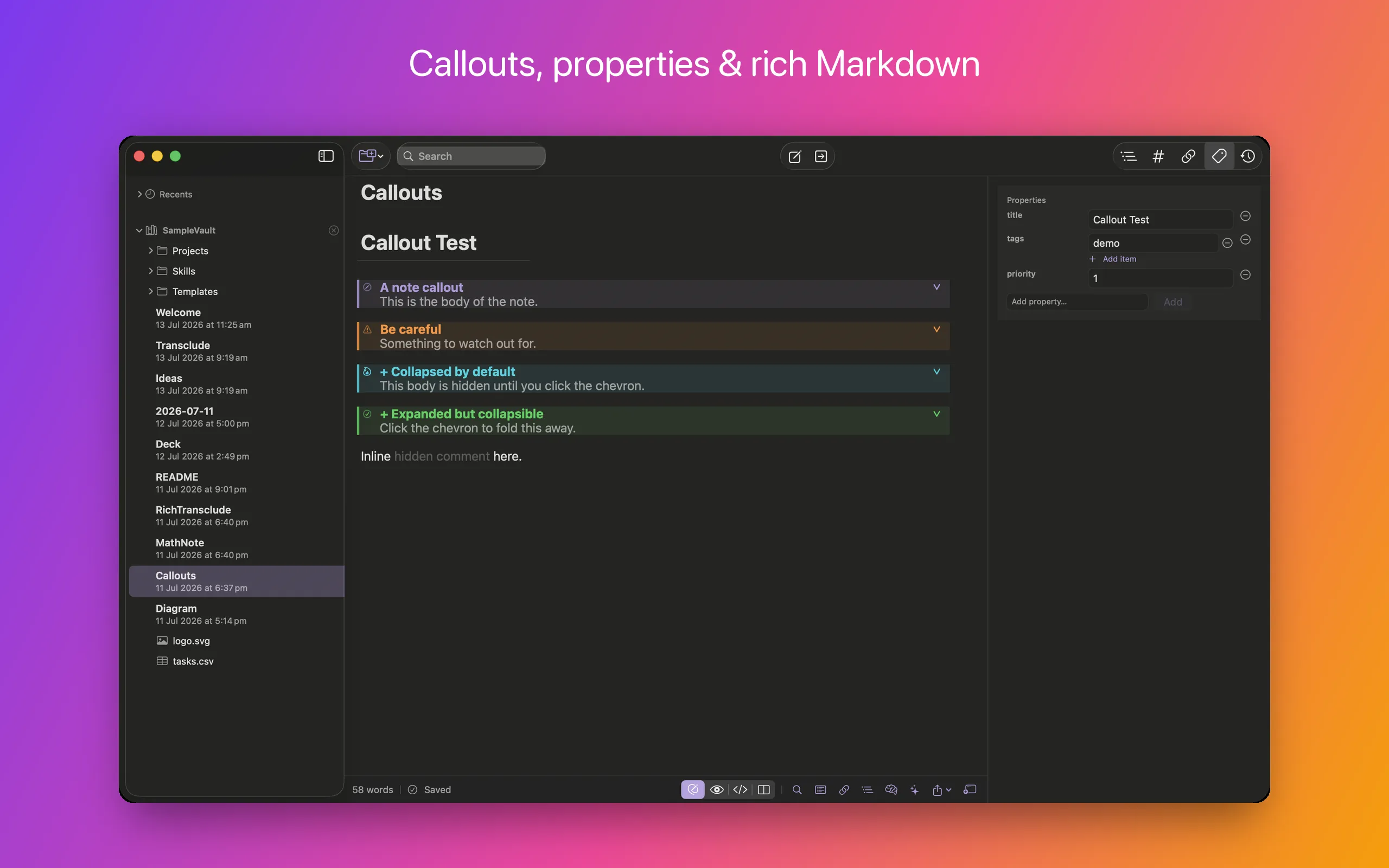 A note showing coloured callouts and a typed Properties panel above the text