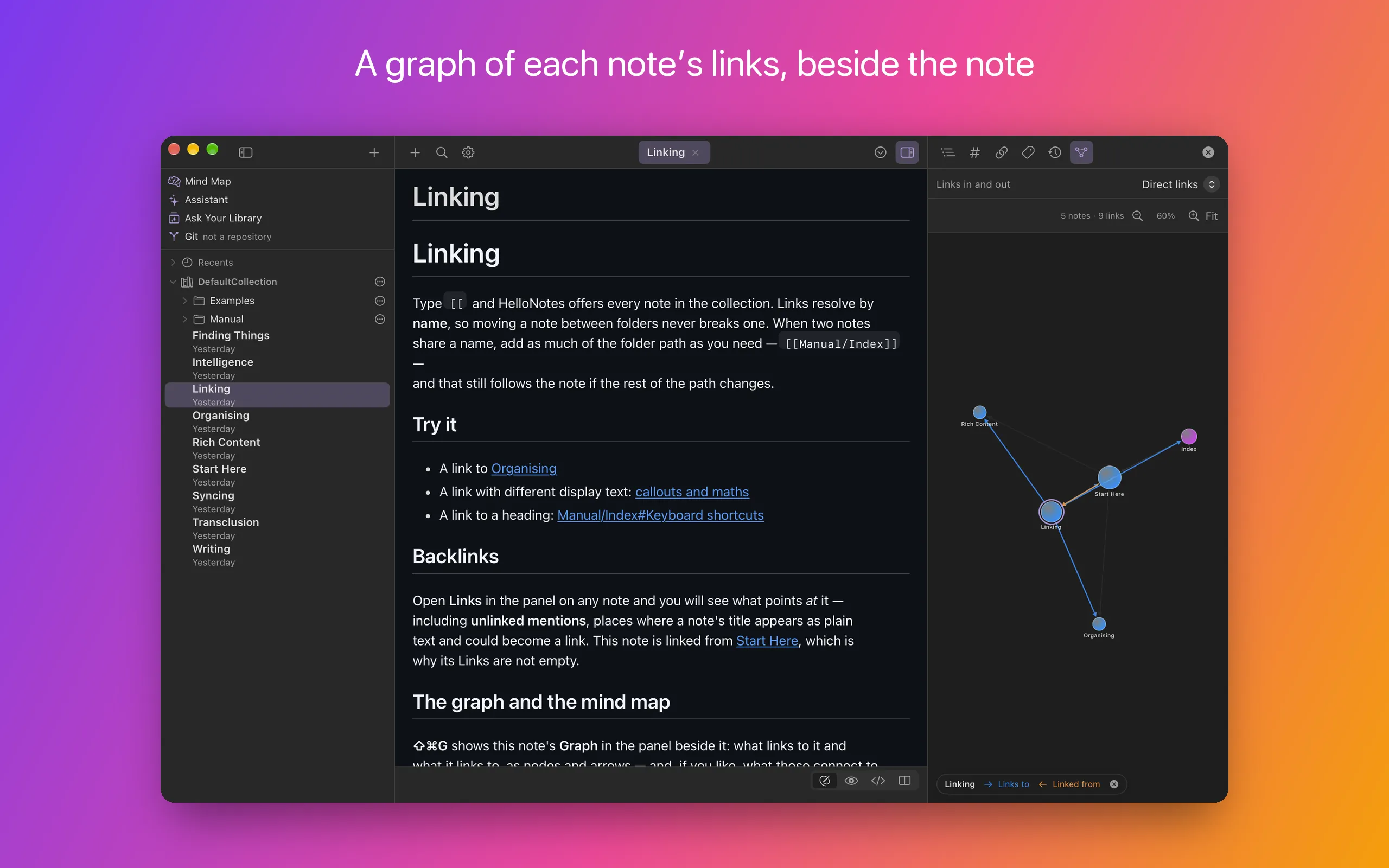 The note “Linking” open in the editor, with the right panel showing its Graph: the note ringed among four others, joined by arrows for the links into it and out of it, set to Direct links