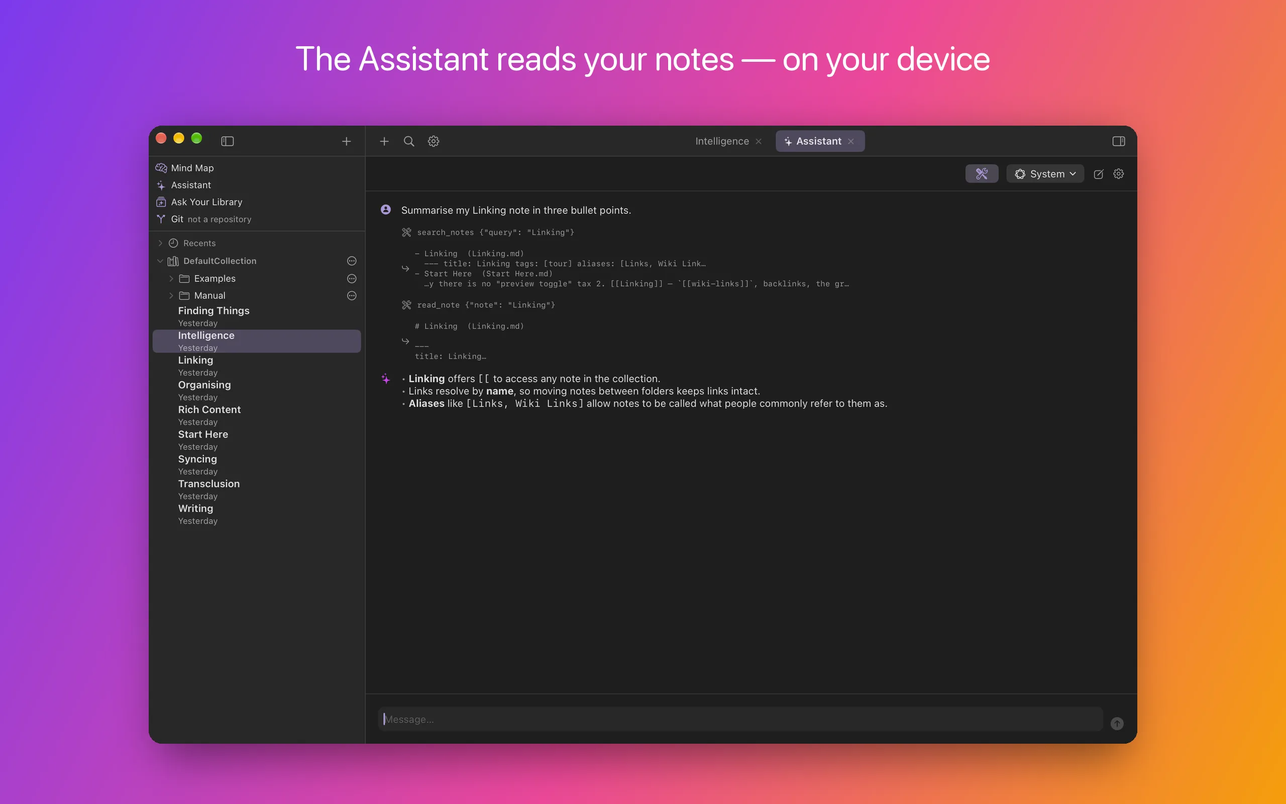The Assistant open as a tab, running on the System model: asked to summarise the Linking note in three bullet points, it shows a search_notes call and a read_note call and then a three-point answer