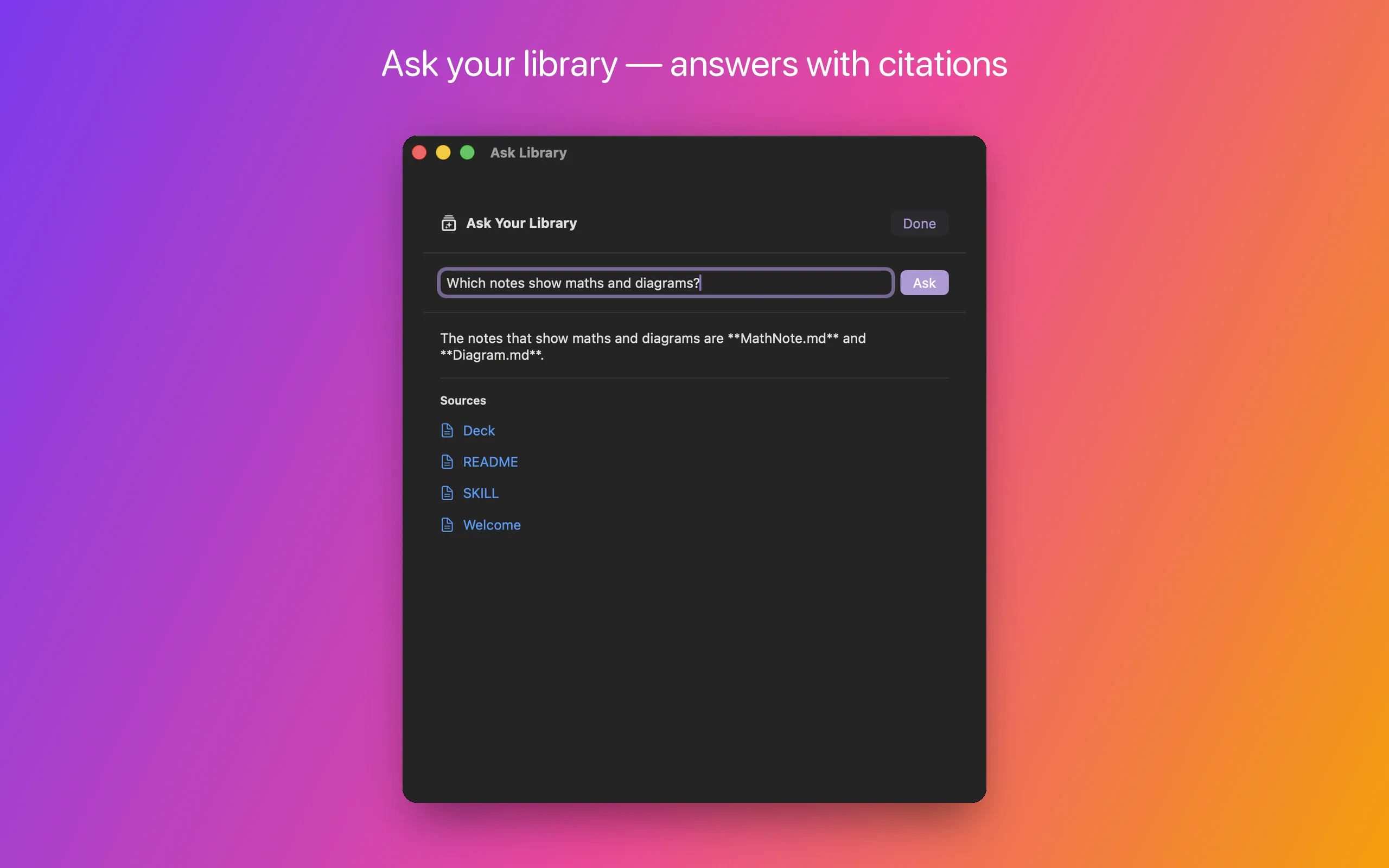 Ask Library answering a question about the collection, with a list of source notes cited beneath the answer