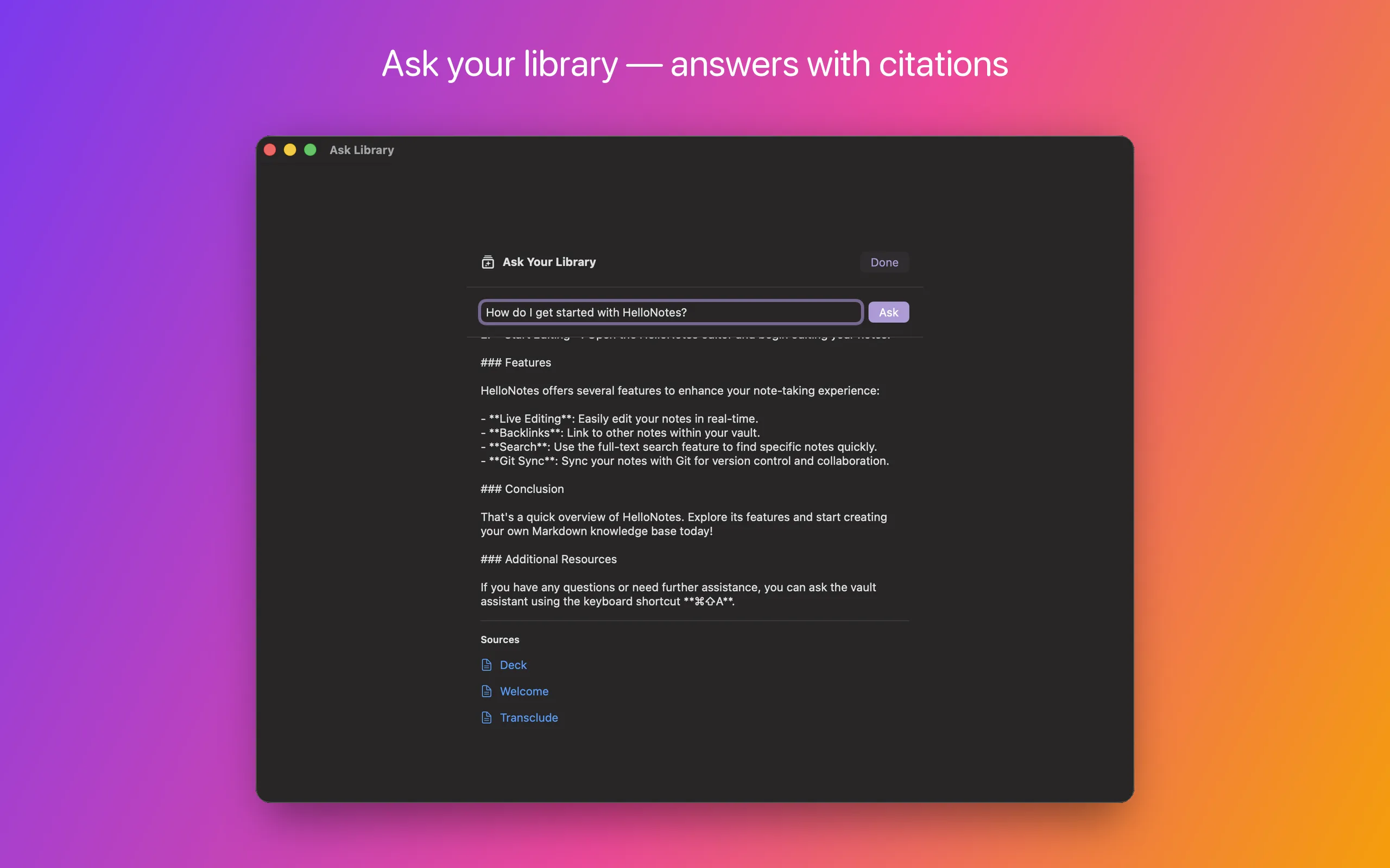 Ask Library answering a question about the collection, with a list of source notes cited beneath the answer