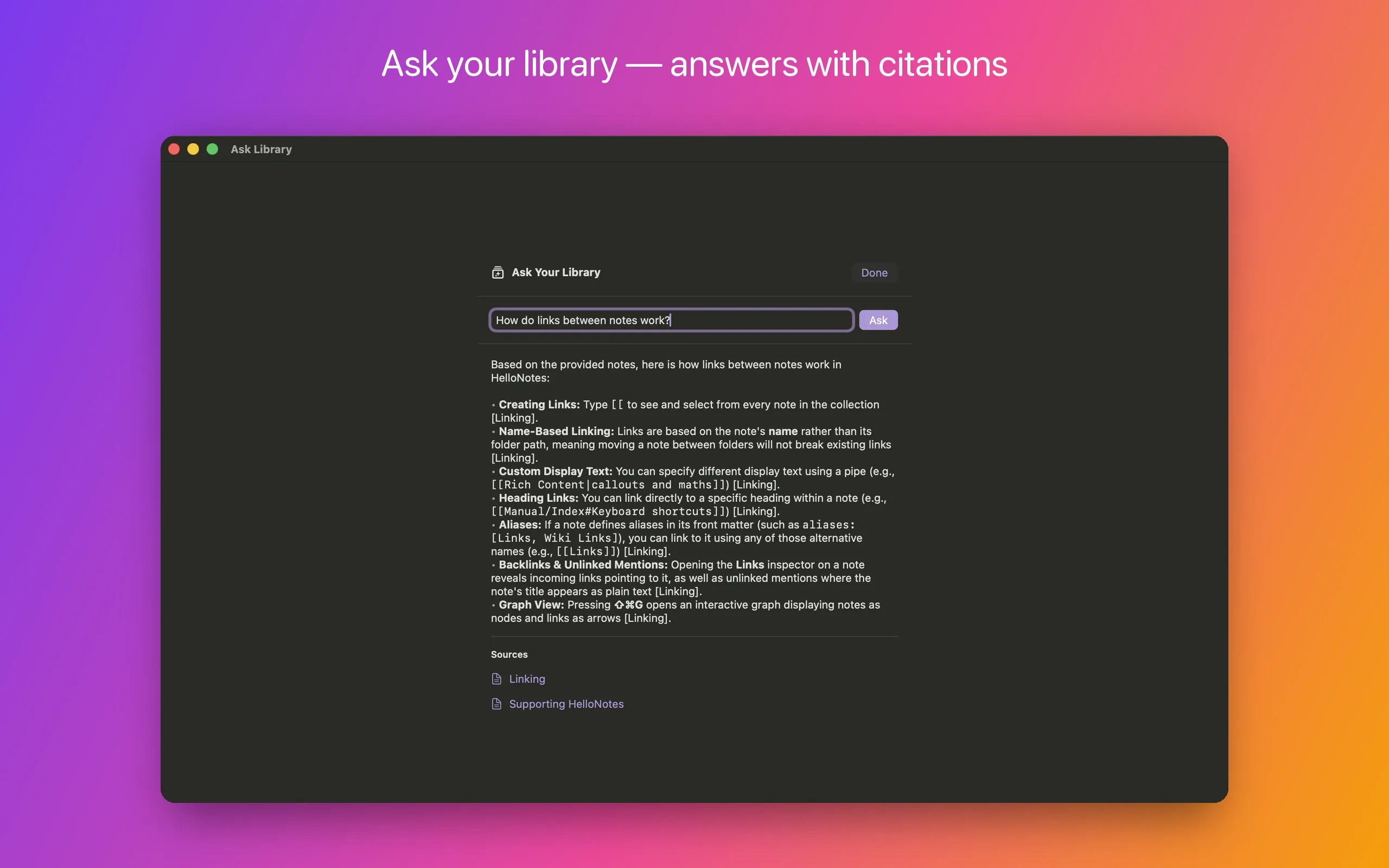 Ask Library answering a question about the collection, with a list of source notes cited beneath the answer