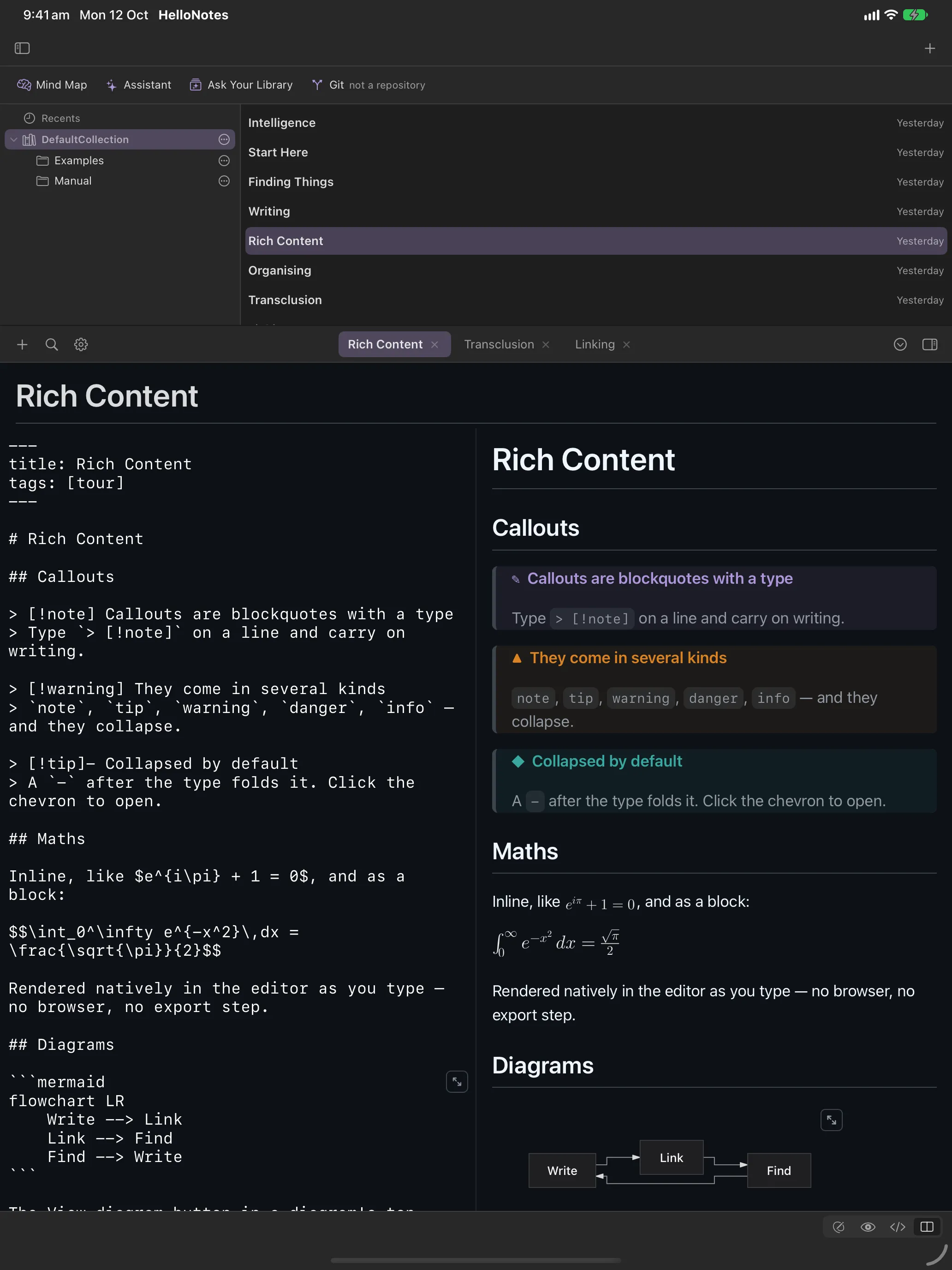 HelloNotes on iPad held upright: the collection and its note list in a band across the top, a row of open tabs, and the note in Split with its Markdown source beside the rendered page