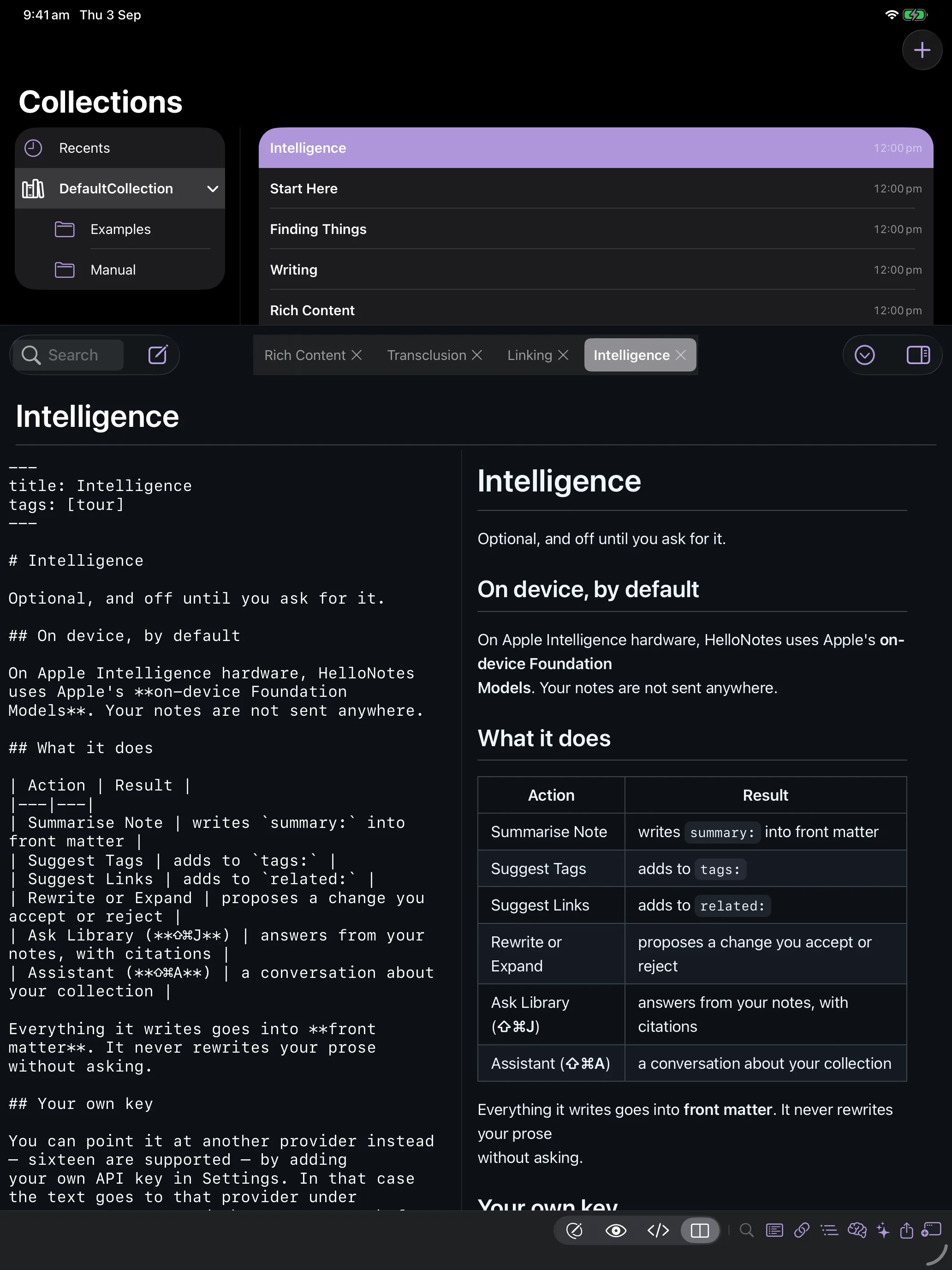 HelloNotes on iPad with the collections sidebar open over the note list, a row of open tabs, and the editor split between Markdown source and rendered preview