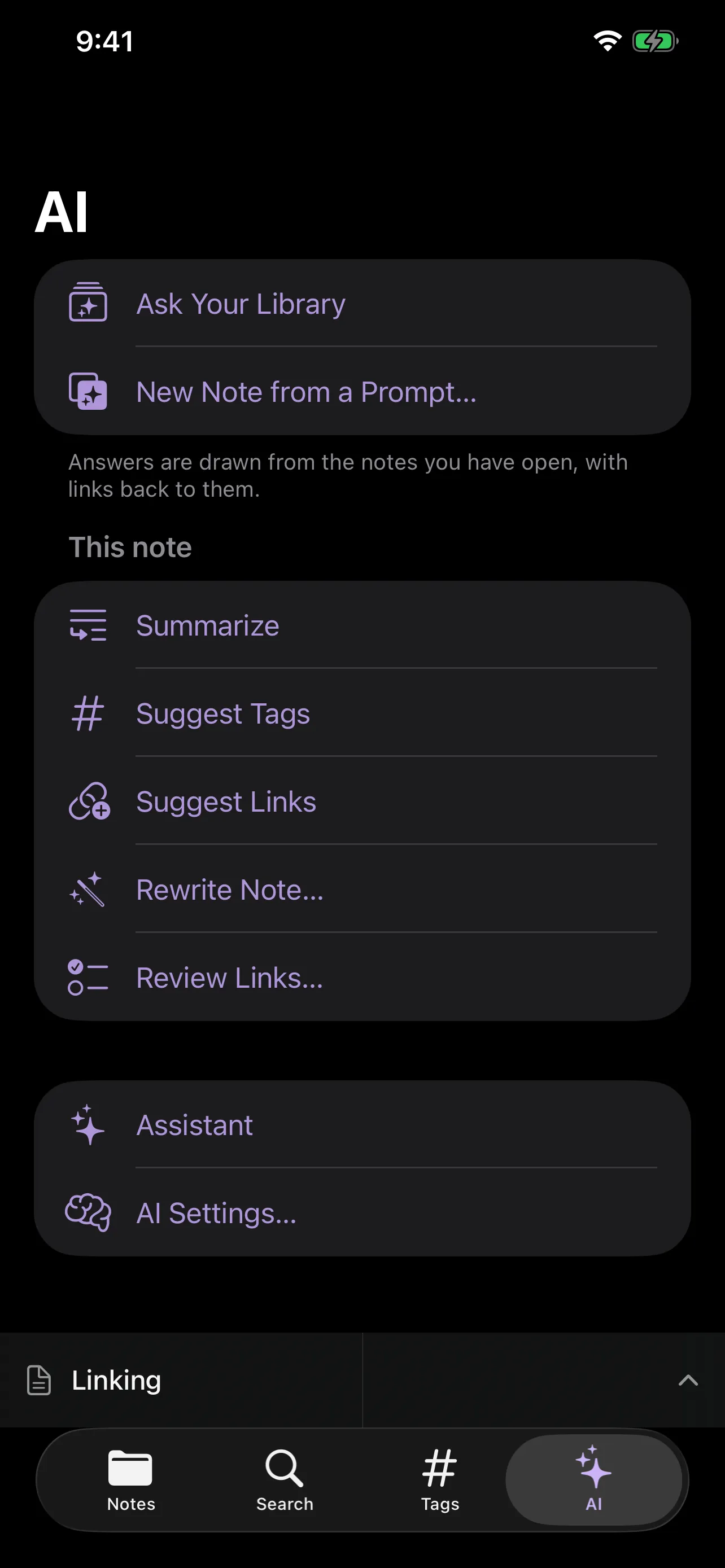The AI tab on iPhone listing Ask Your Library, New Note from a Prompt, and the note actions Summarize, Suggest Tags, Suggest Links, Rewrite Note and Review Links