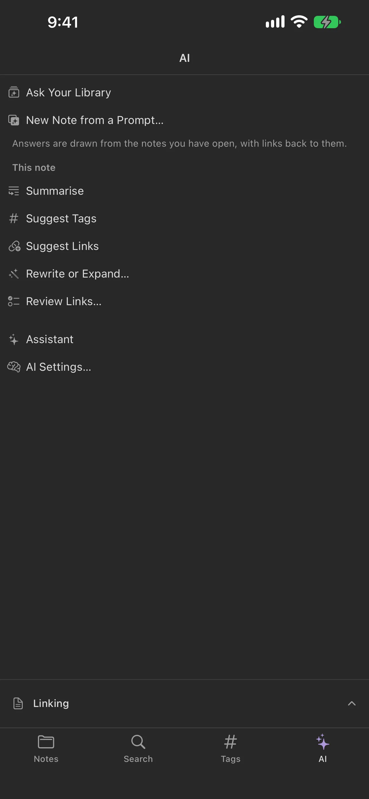 The AI tab on iPhone listing Ask Your Library and New Note from a Prompt, then for this note Summarise, Suggest Tags, Suggest Links, Rewrite or Expand and Review Links, then Assistant and AI Settings