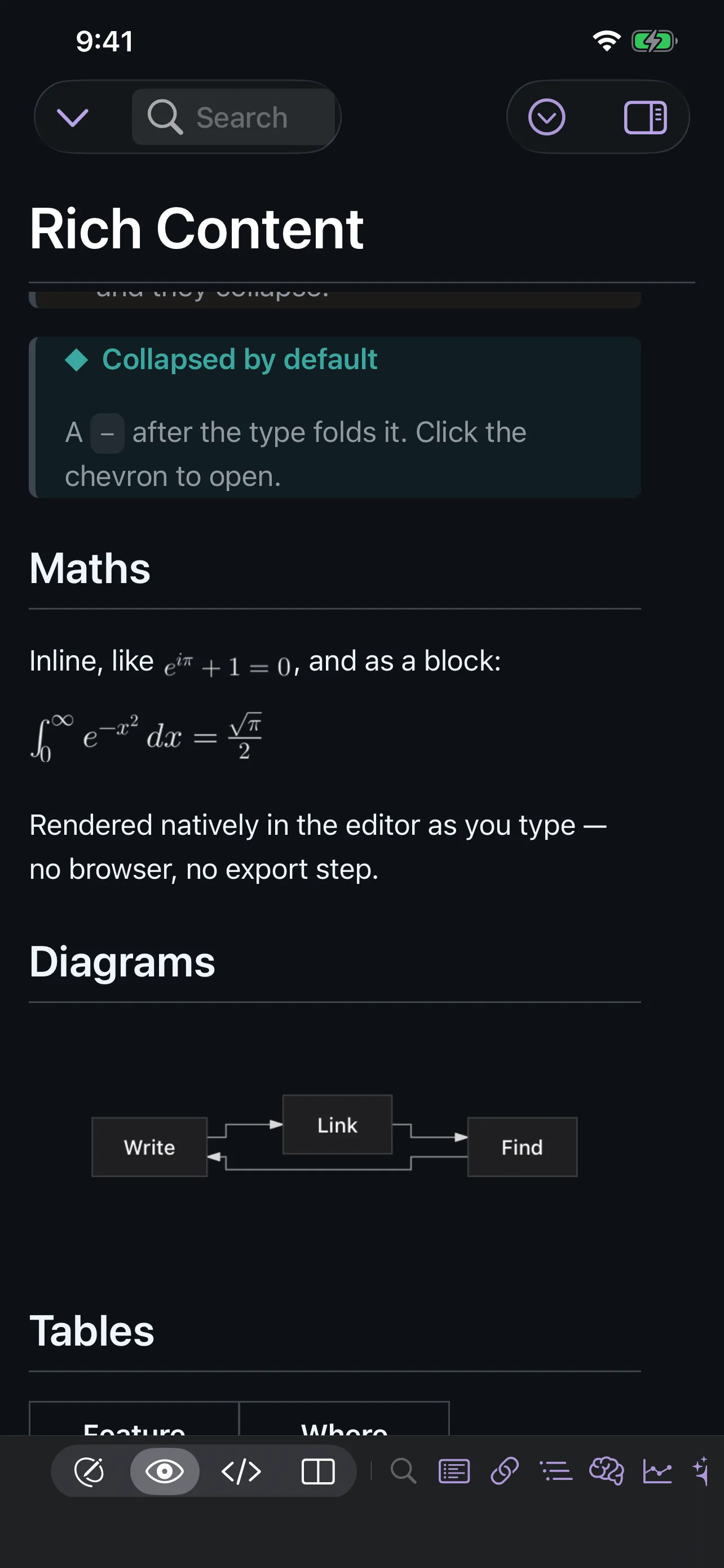 HelloNotes on iPhone showing a collapsed callout, inline and block LaTeX maths, and a Mermaid flowchart rendered in the editor
