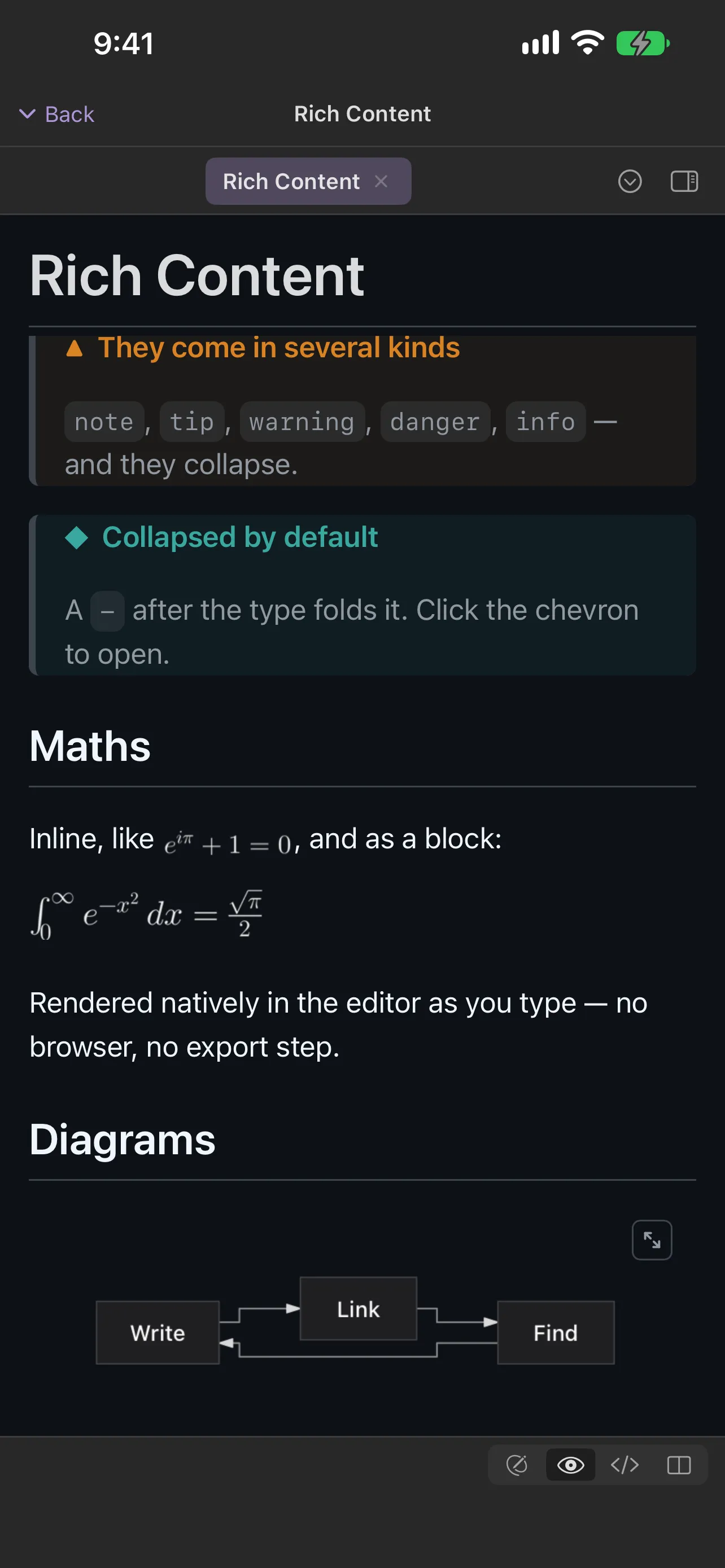 HelloNotes on iPhone showing a note in Preview with two callouts, inline and block LaTeX maths, and a Mermaid flowchart