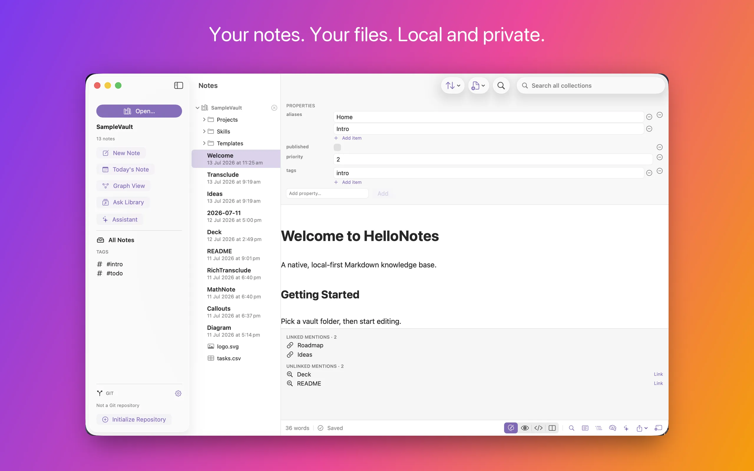 The HelloNotes window showing a collection sidebar, the note list and a note open in the editor