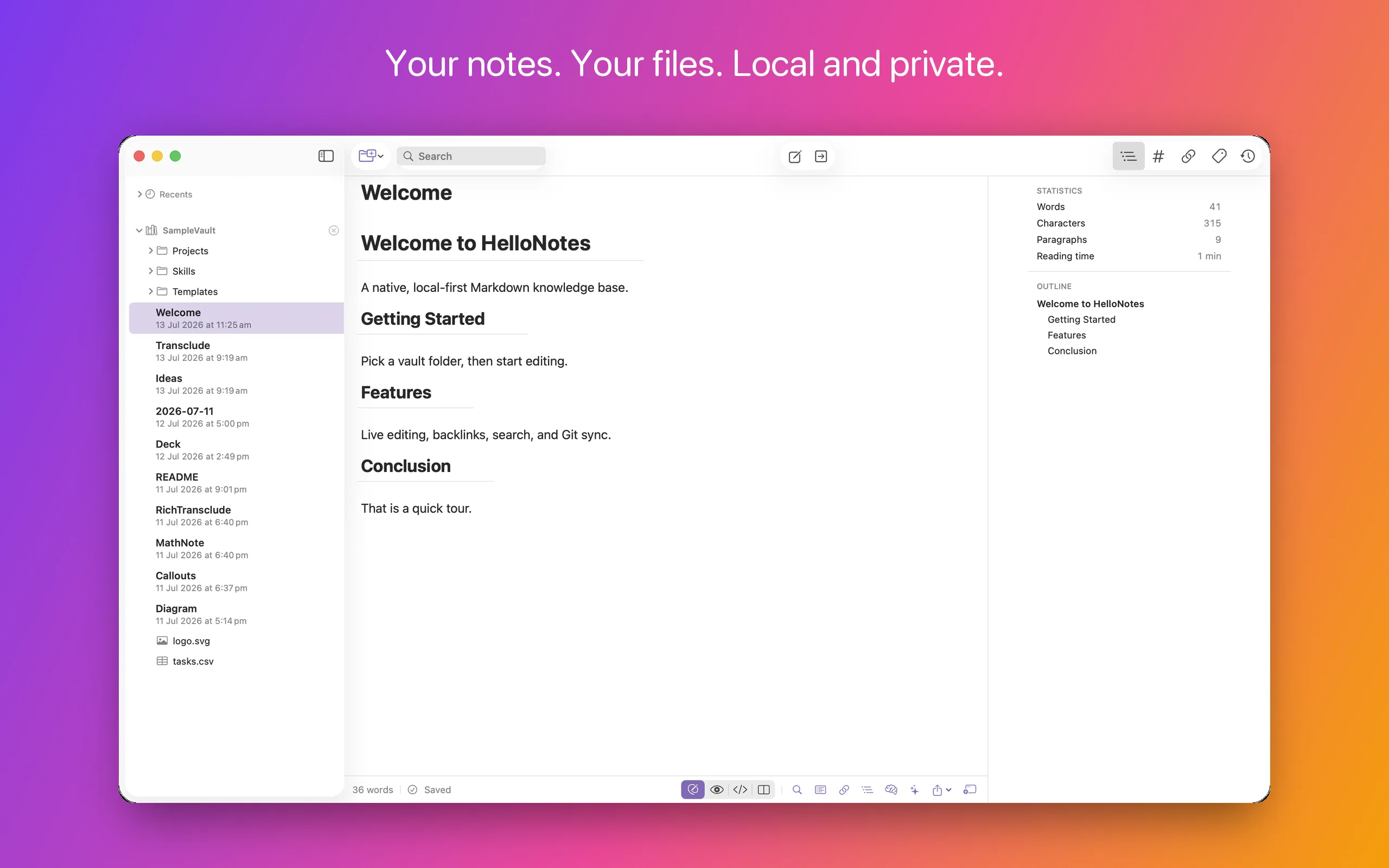 The HelloNotes window showing the sidebar of collections and folders, and a note open in the editor