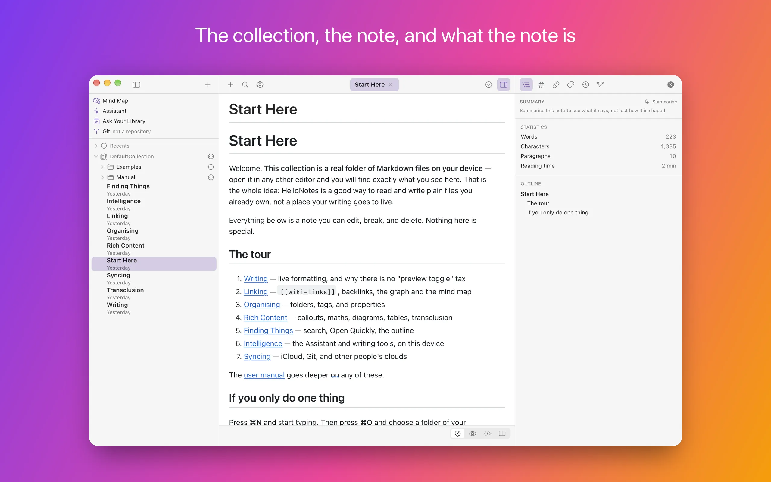 The HelloNotes window in three parts: a sidebar with Mind Map, Assistant, Ask Your Library and Git above the tree of the collection’s folders and notes; the note “Start Here” open in the editor; and a right panel showing Summary & Outline — the note’s word count and its headings