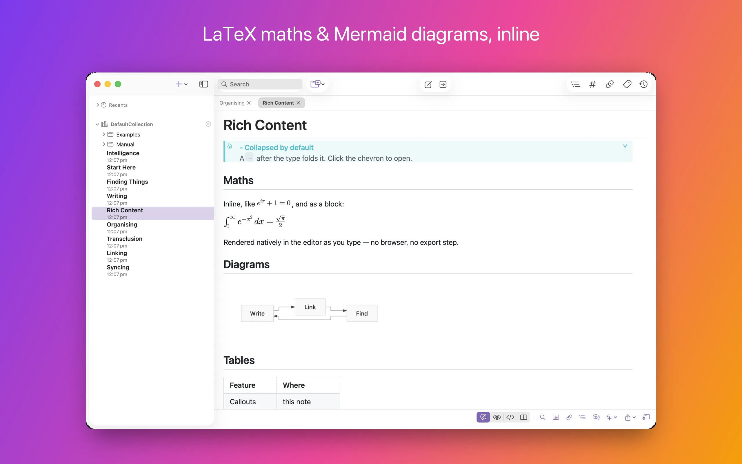 A note with LaTeX maths and a Mermaid flowchart rendered inline in the editor