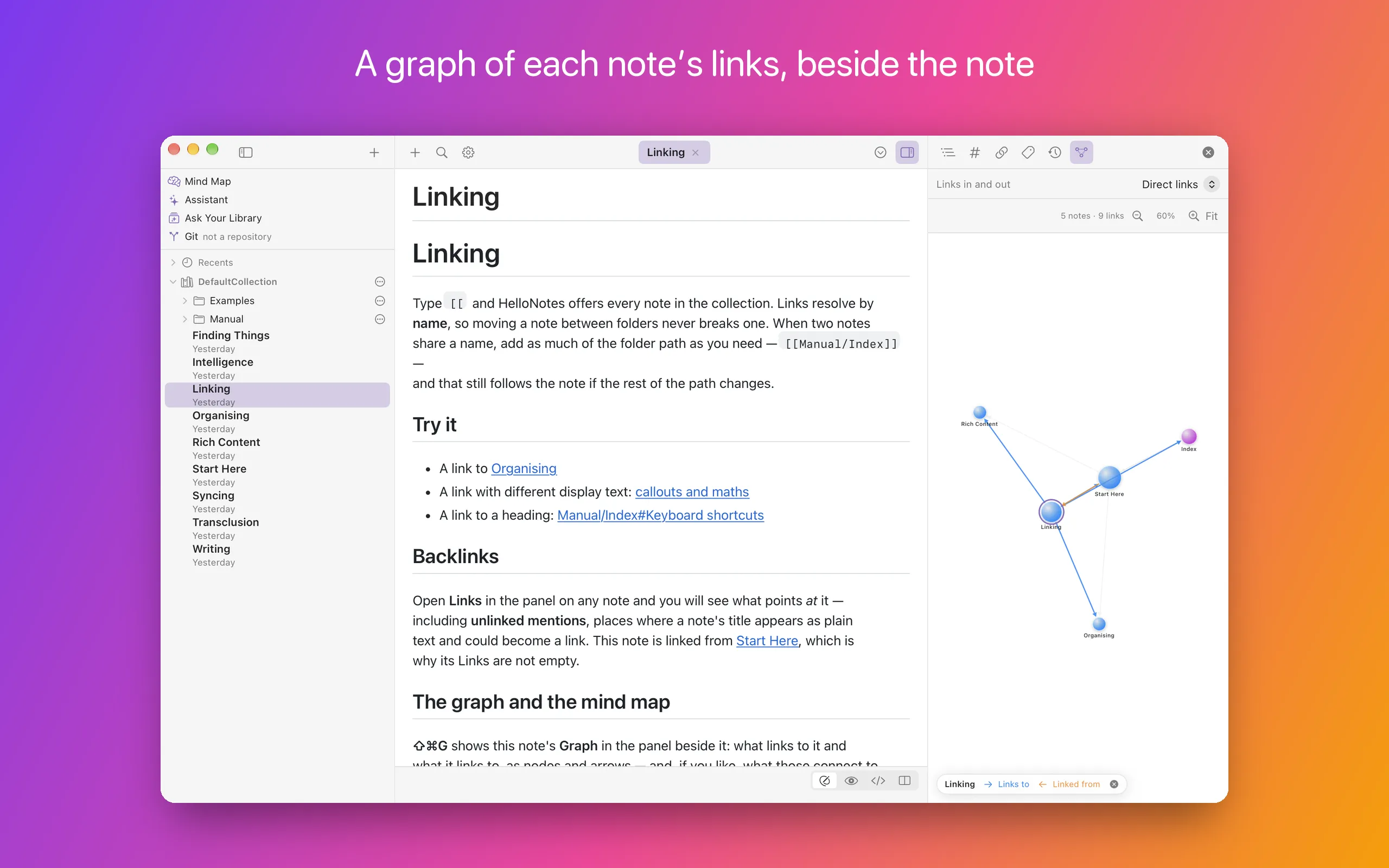 The note “Linking” open in the editor, with the right panel showing its Graph: the note ringed among four others, joined by arrows for the links into it and out of it, set to Direct links