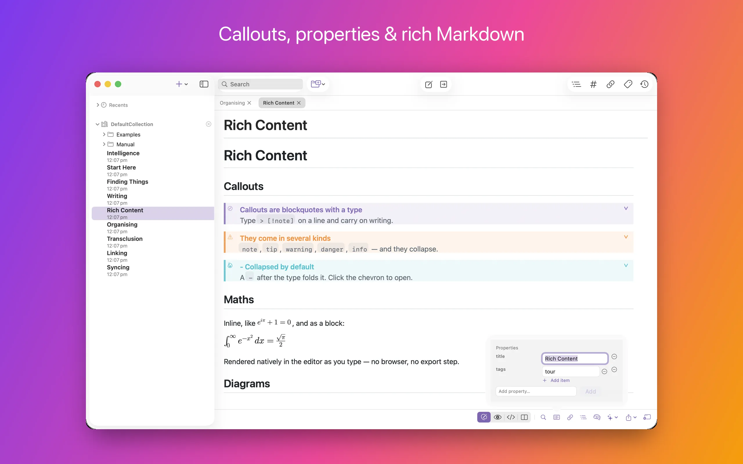 A note showing coloured callouts and a typed Properties panel above the text