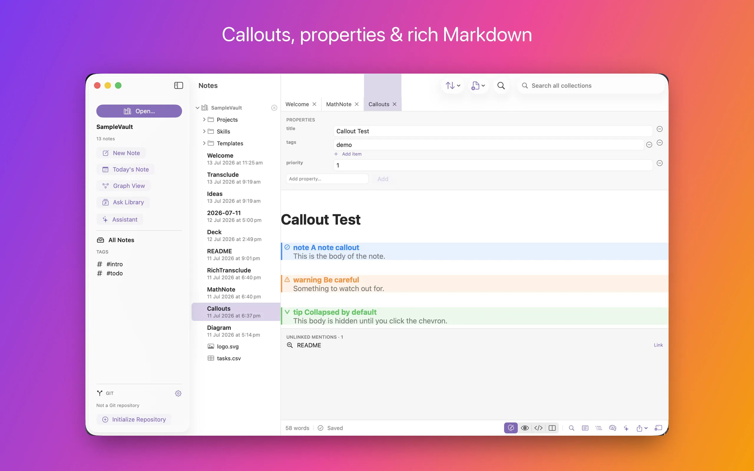 A note showing coloured callouts and a typed Properties panel above the text