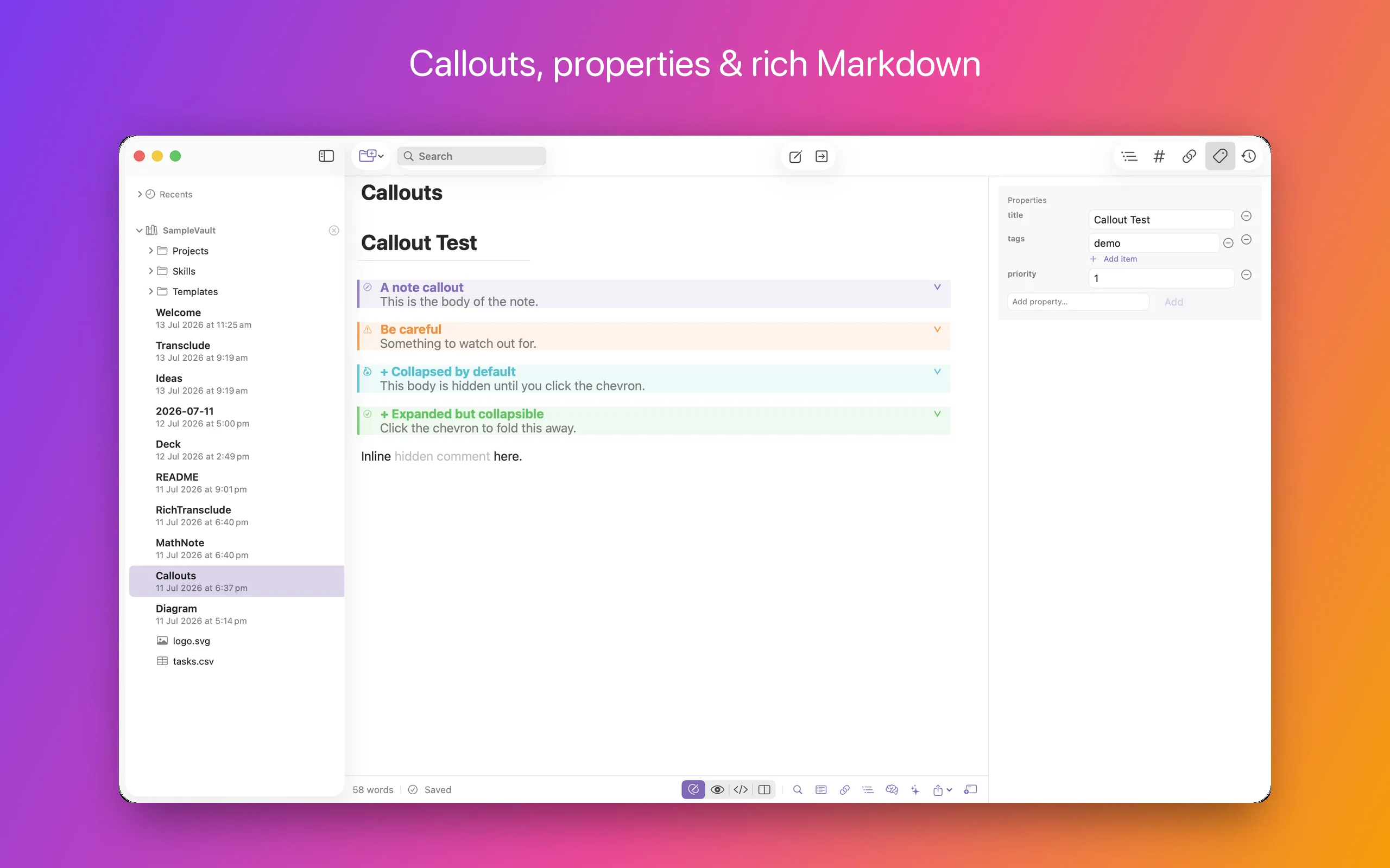 A note showing coloured callouts and a typed Properties panel above the text