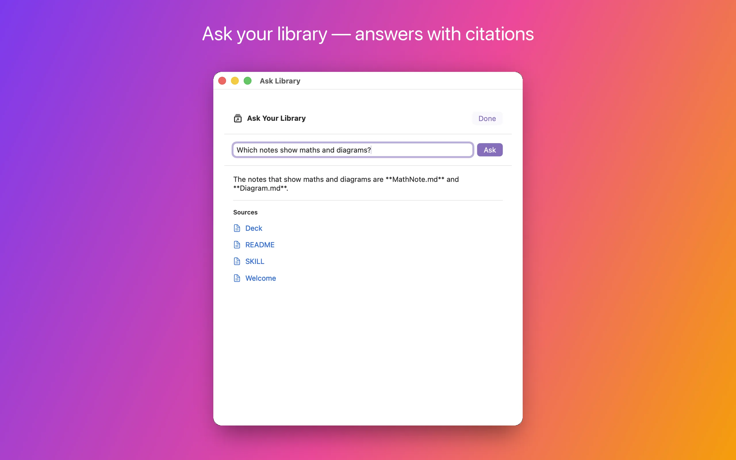 Ask Library answering a question about the collection, with a list of source notes cited beneath the answer
