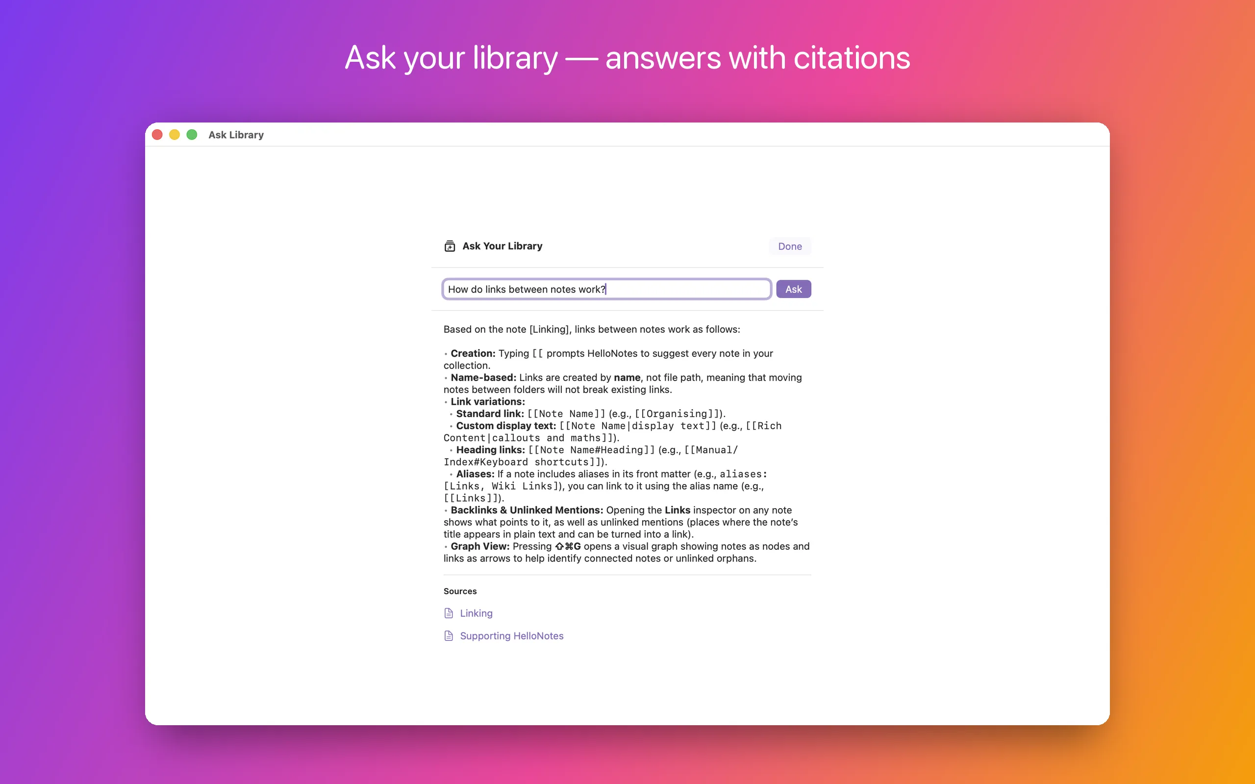 Ask Library answering a question about the collection, with a list of source notes cited beneath the answer