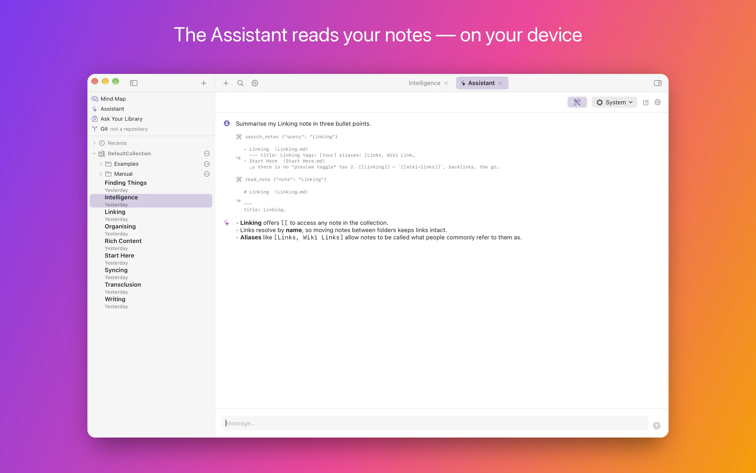 The Assistant open as a tab, running on the System model: asked to summarise the Linking note in three bullet points, it shows a search_notes call and a read_note call and then a three-point answer