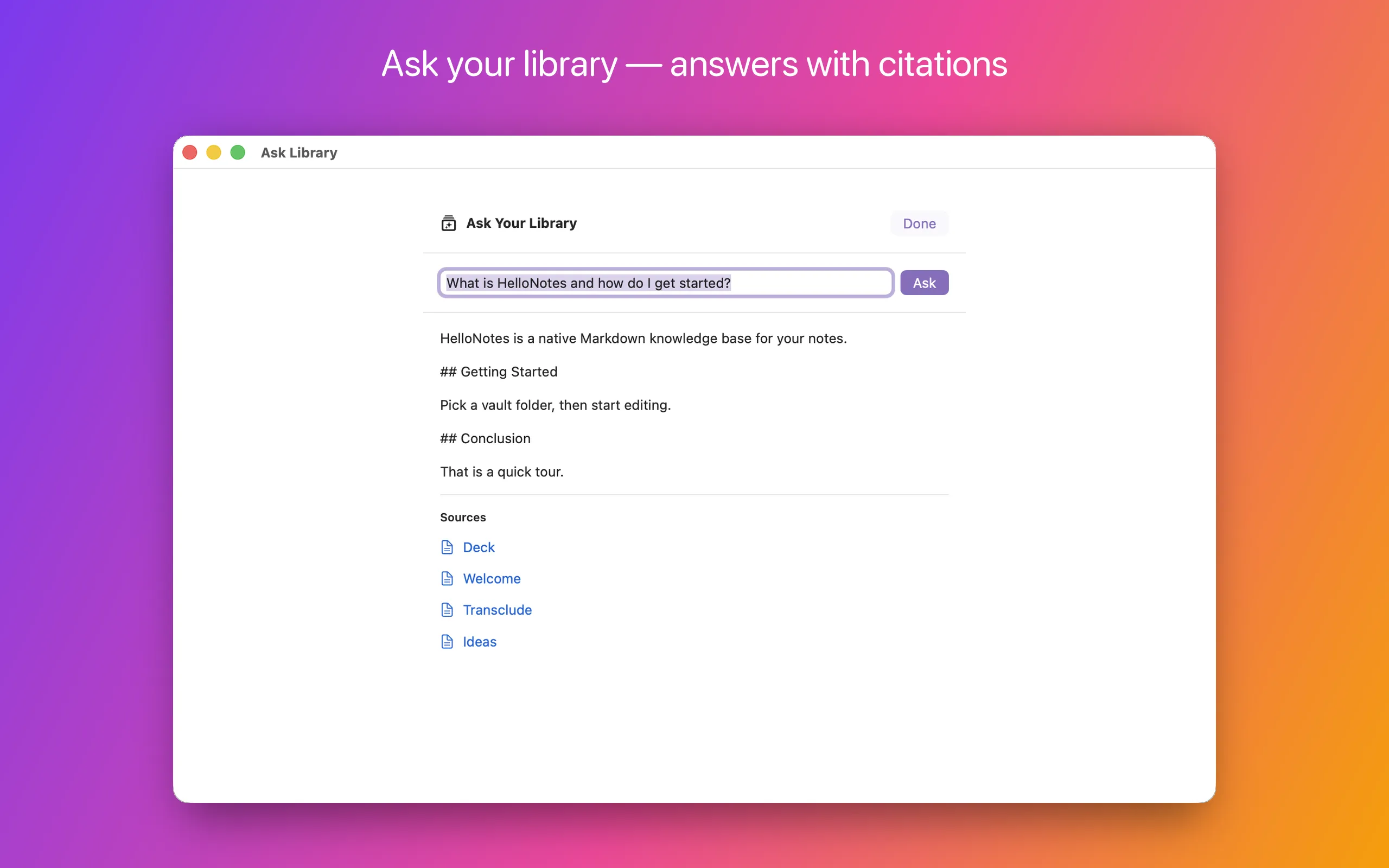 Ask Library answering a question about the collection, with a list of source notes cited beneath the answer