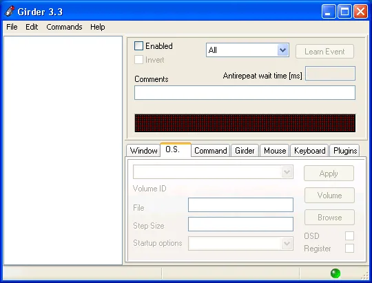 The main Girder 3.3 window. An empty command tree fills the left pane; on the right sit an Enabled checkbox, an event dropdown reading All, a greyed Learn Event button, a Comments field over a dotted red event display, and a row of tabs — Window, O.S., Command, Girder, Mouse, Keyboard, Plugins — above greyed option fields